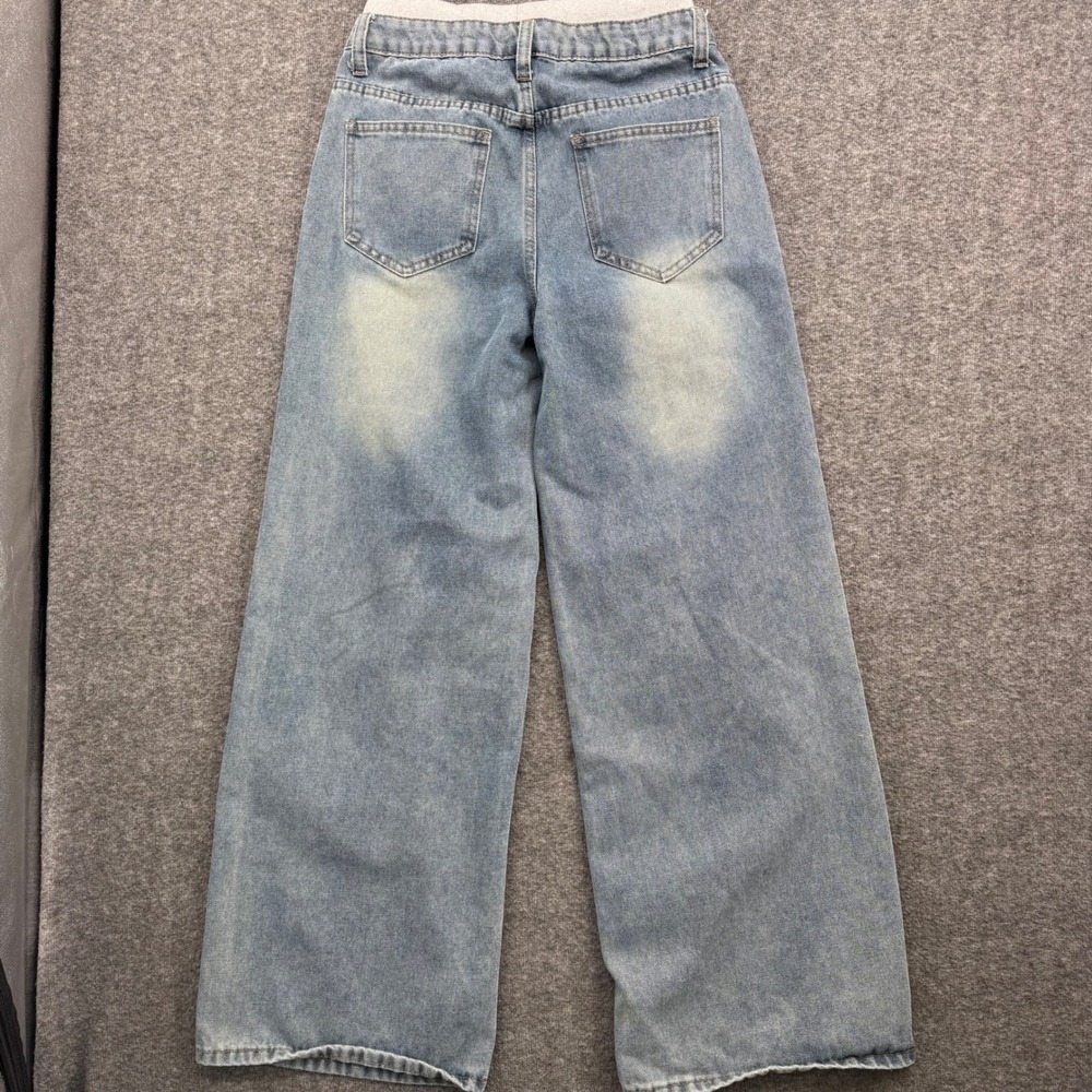 SHEIN Girls Wide Leg Distressed Denim Jeans Light Wash Drawstring Waist Size 14Y - Picture 4 of 10